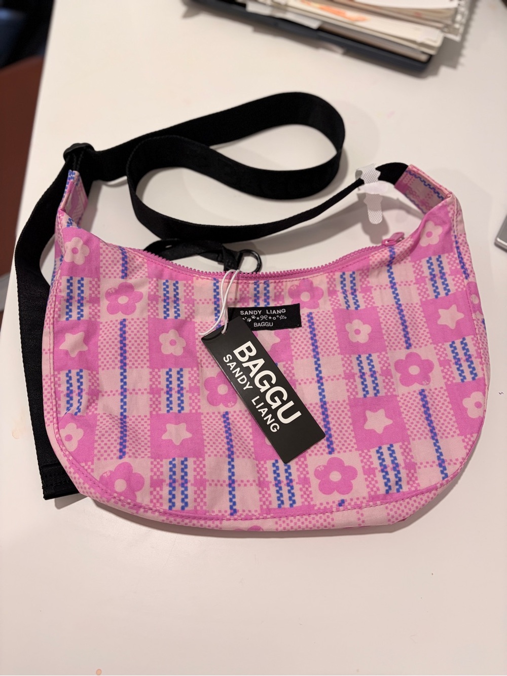 BAGGU Pink Floral & Star Check Crossbody Bag
